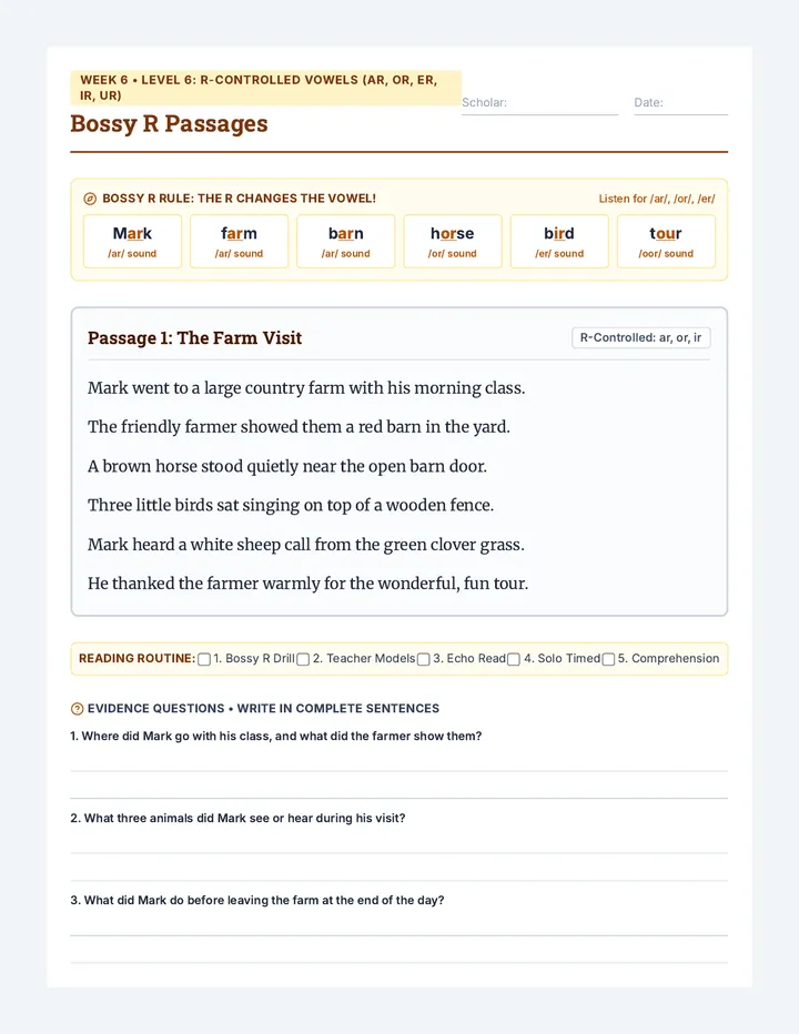 Bossy R Passages Worksheet