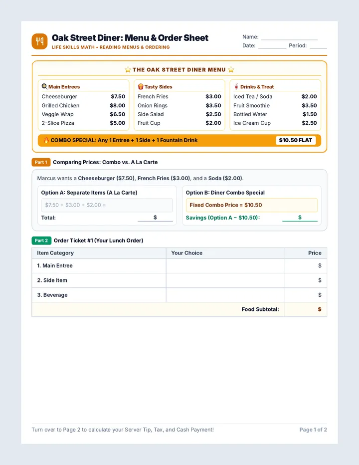 Diner Dollars Menu Worksheet