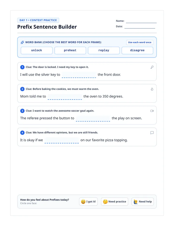 Prefix Sentence Frames Practice