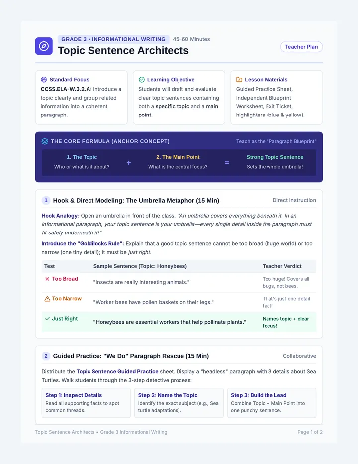 Topic Sentence Lesson Plan