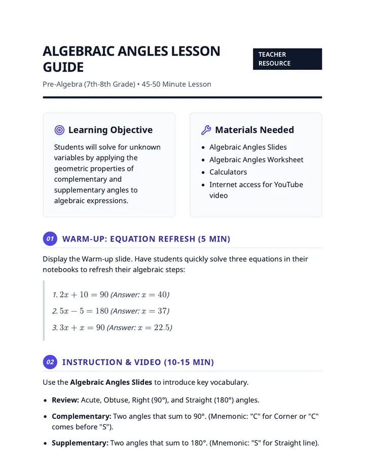 Algebraic Angles Lesson Guide