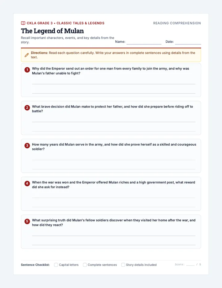 Mulan Legend Worksheet