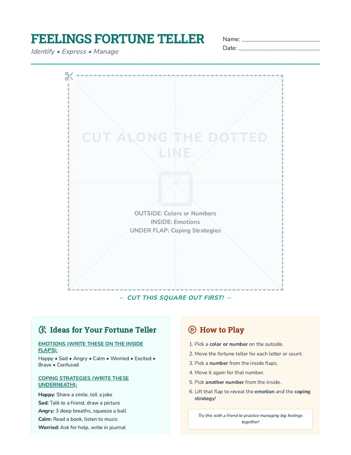 Feelings Fortune Teller Template Worksheet