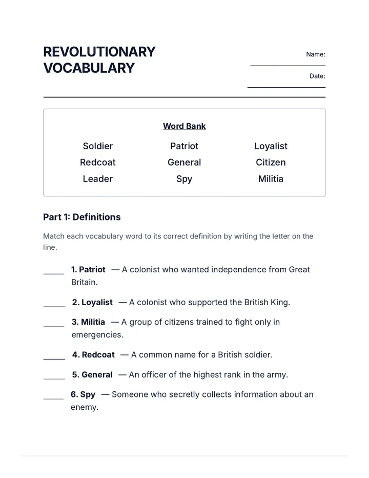 Revolutionary Words Packet Simple