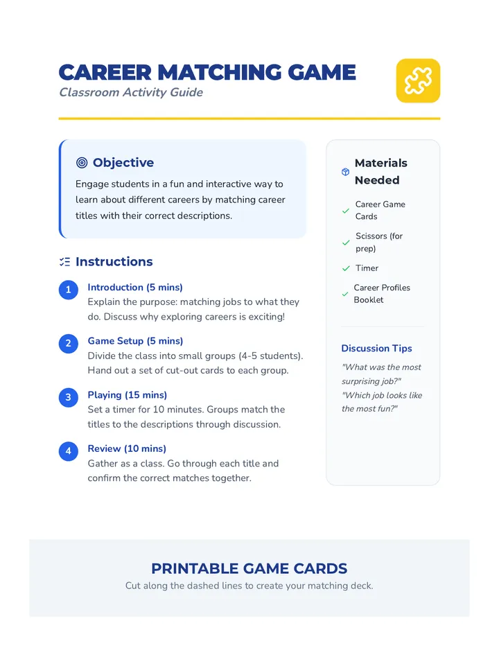 Career Matching Game Activity