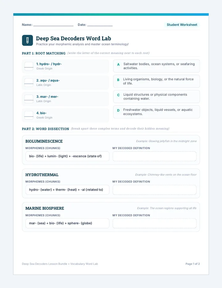 Deep Sea Decoders Word Lab Worksheet