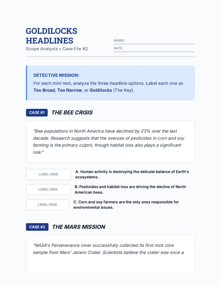 Goldilocks Headlines Worksheet
