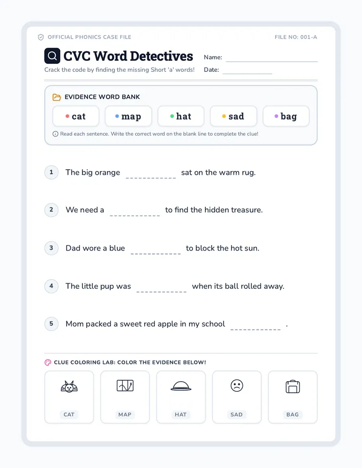 Short A Word Detective Worksheet