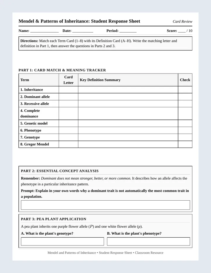 Mendel Inheritance Response Sheet