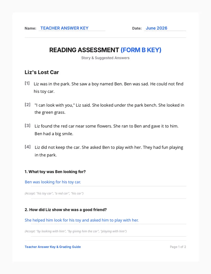 Liz Lost Car Answer Key