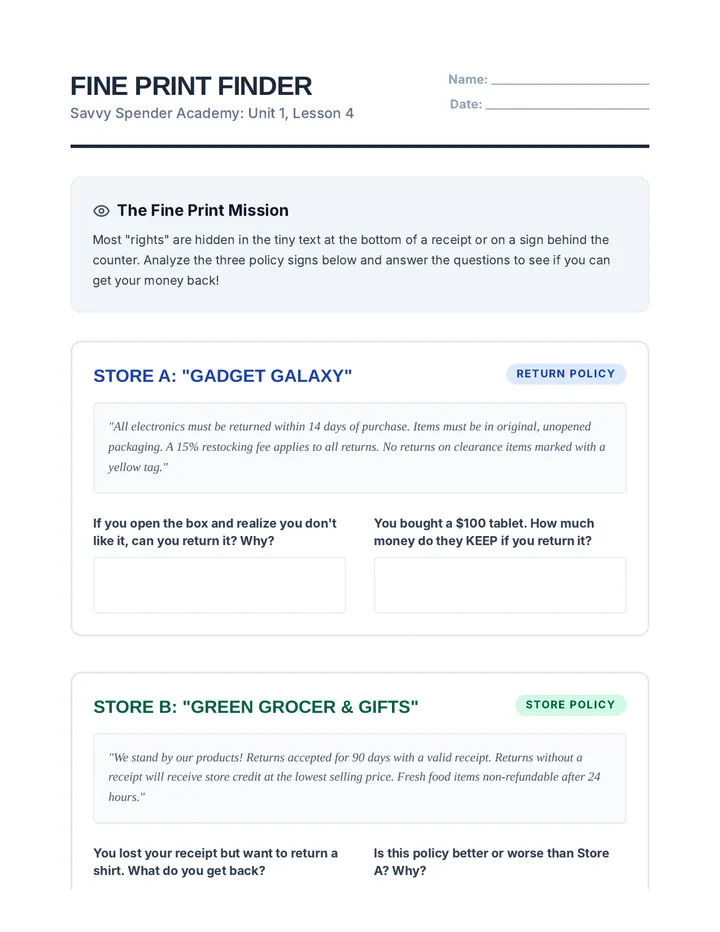 Fine Print Finder Worksheet
