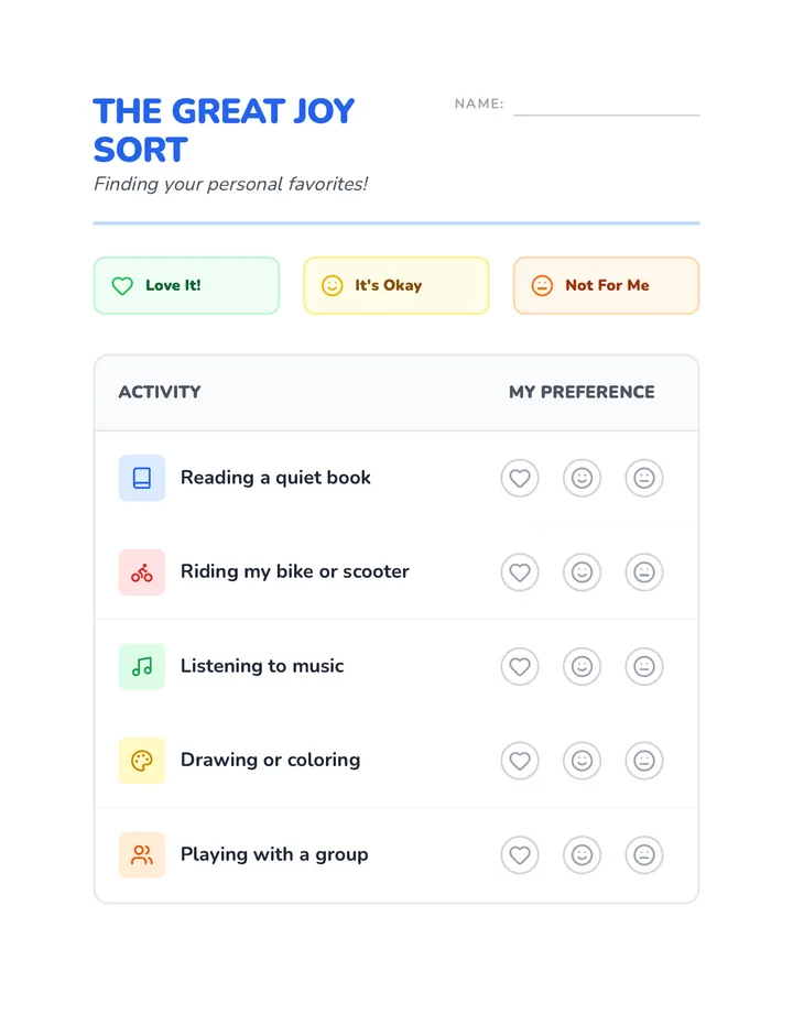 Joy Sort Worksheet