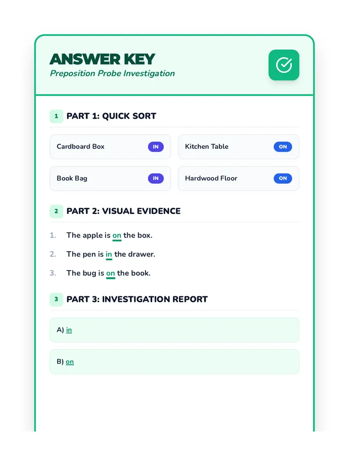 Preposition Probe Answer Key