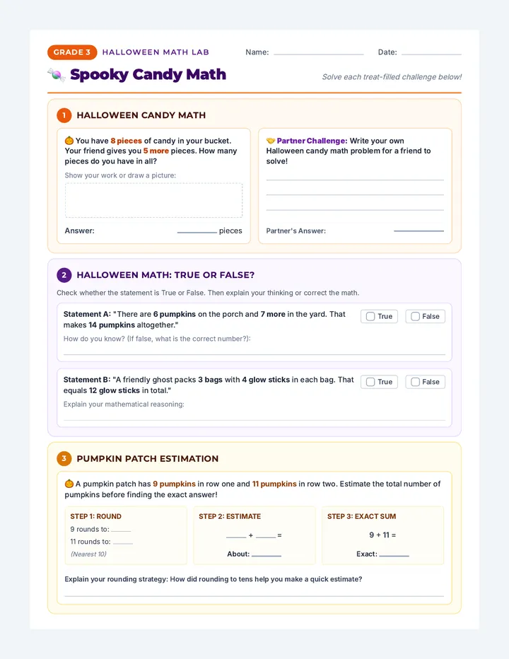 Grade 3 Spooky Math Worksheet
