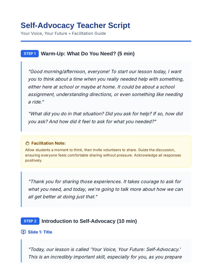 Self Advocacy Teacher Script Document