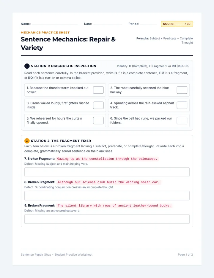 Sentence Mechanics Student Worksheet