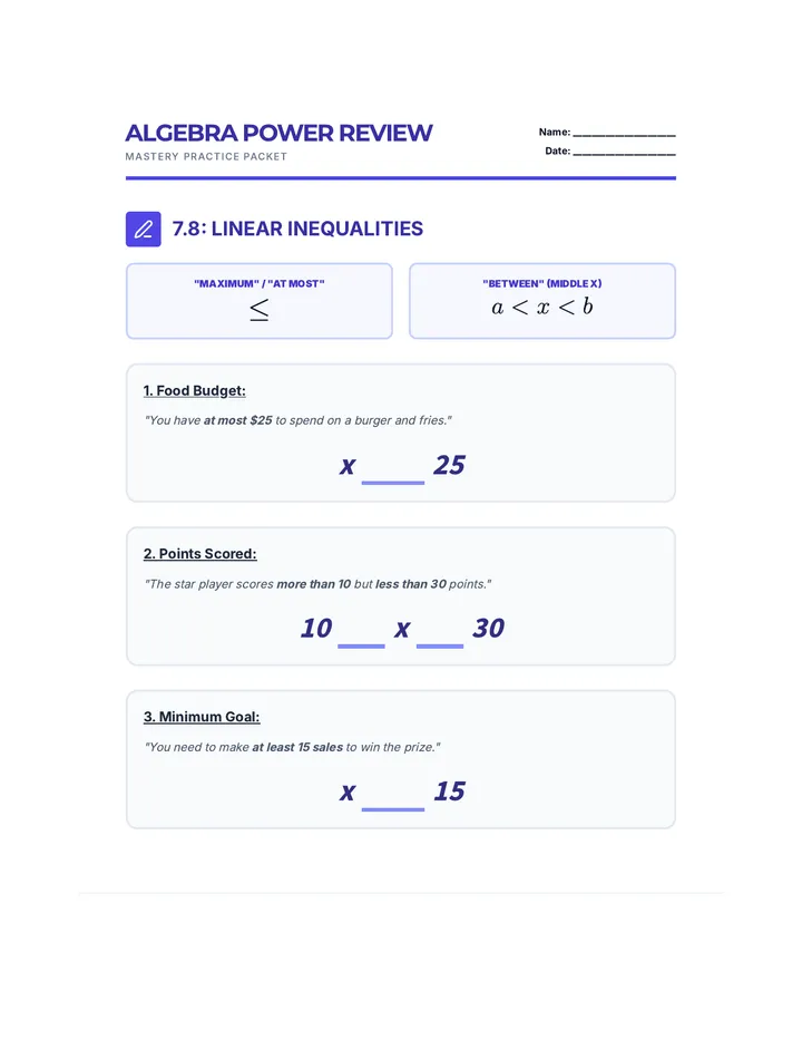 Algebra Power Review Worksheet