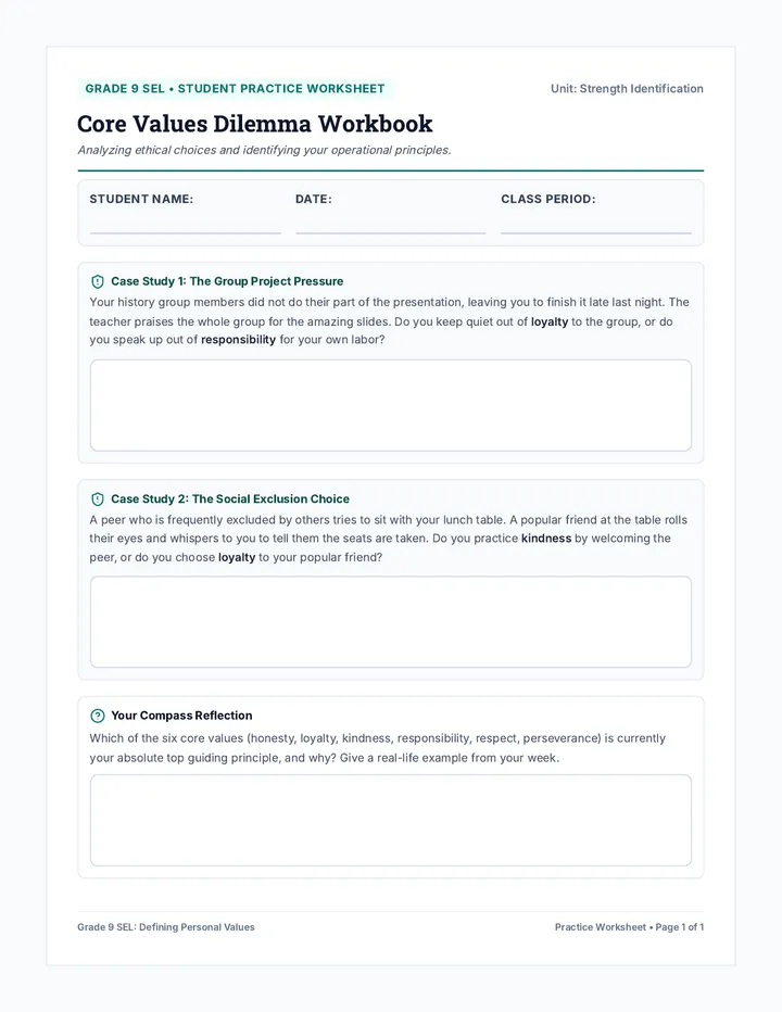 Core Values Practice Worksheet