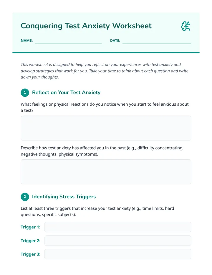 Conquering Test Anxiety Worksheet