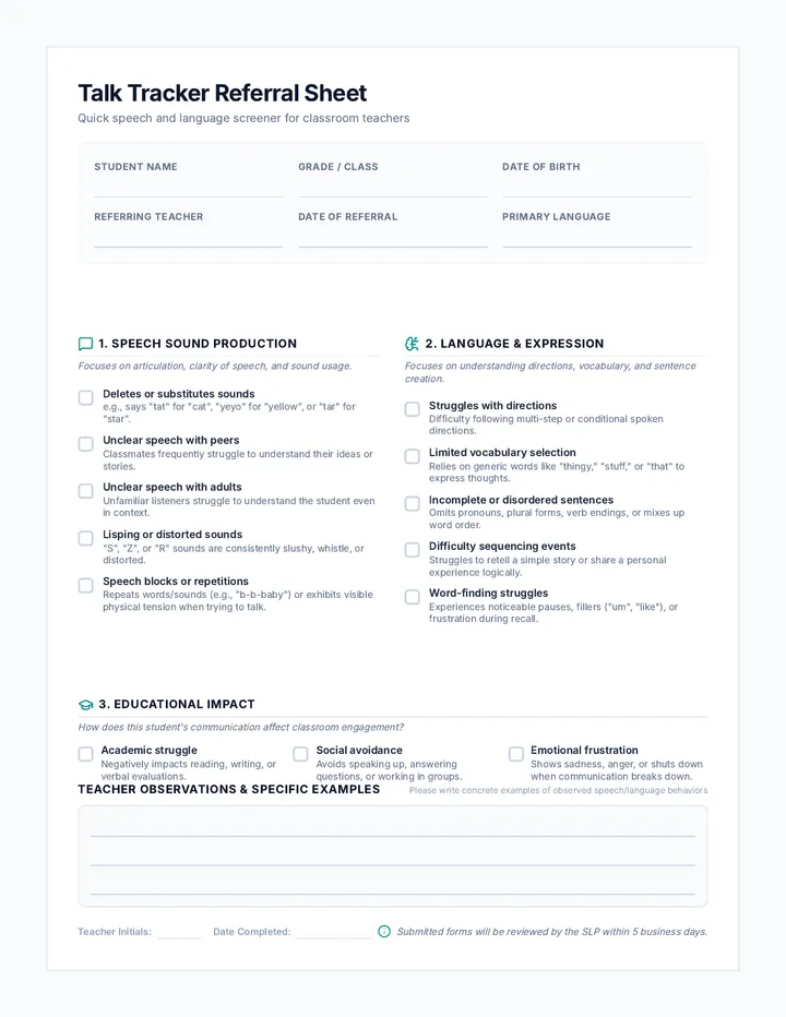 Talk Tracker Referral Sheet