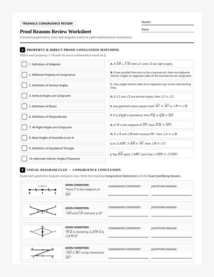 Proof Reasons Review Worksheet