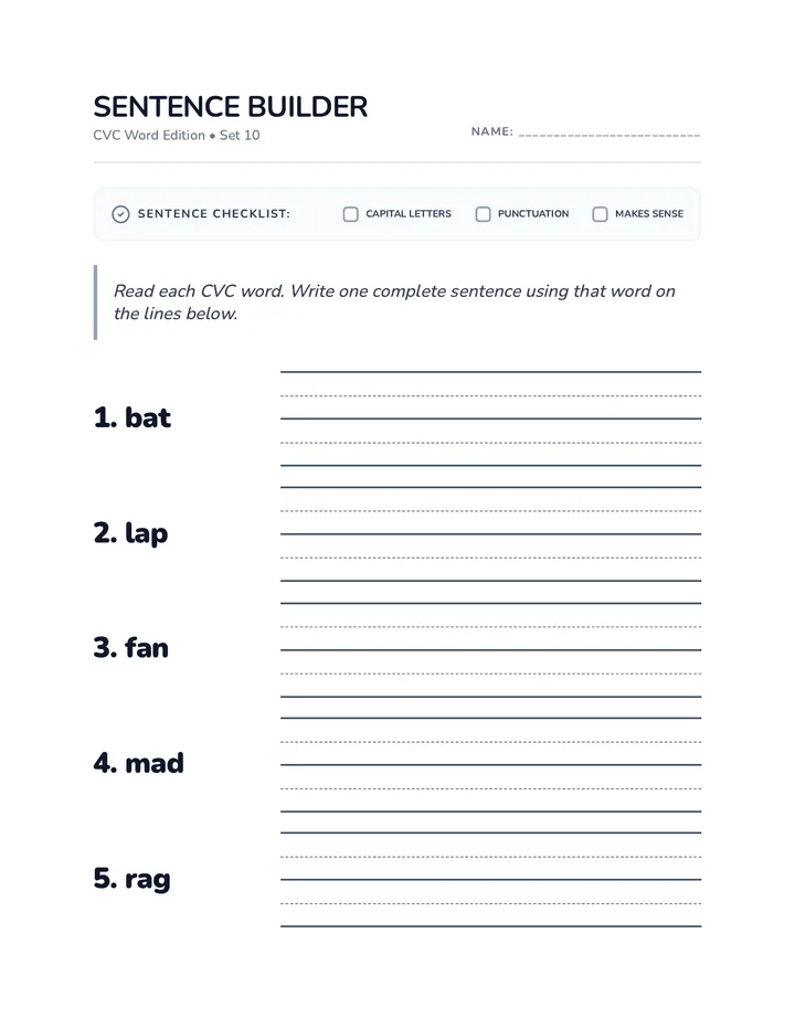 Sentence Builder Set 10 Worksheet