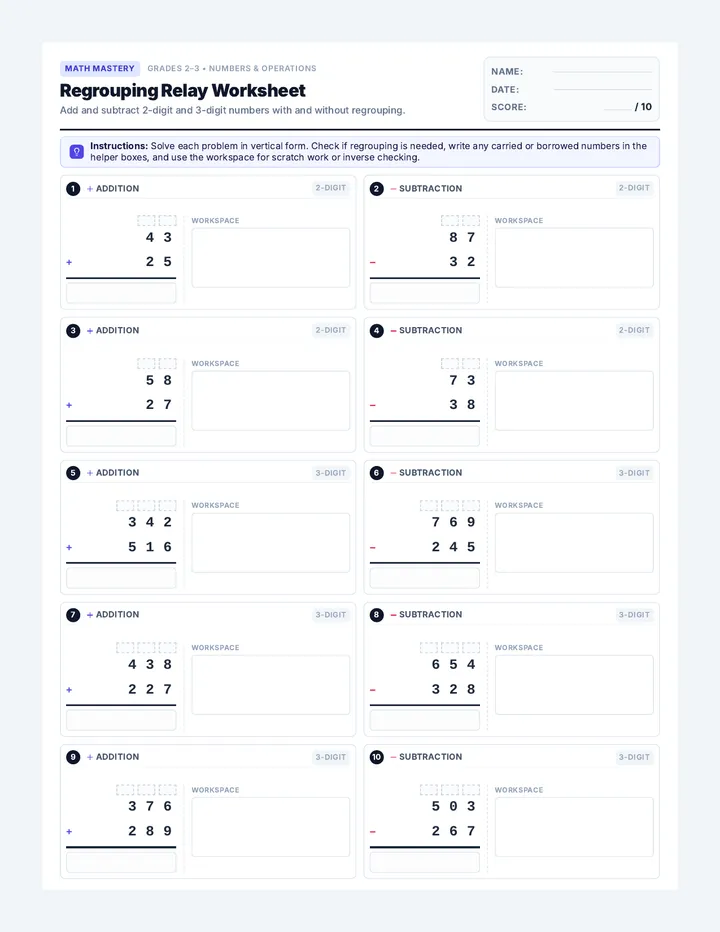 Regrouping Relay Worksheet