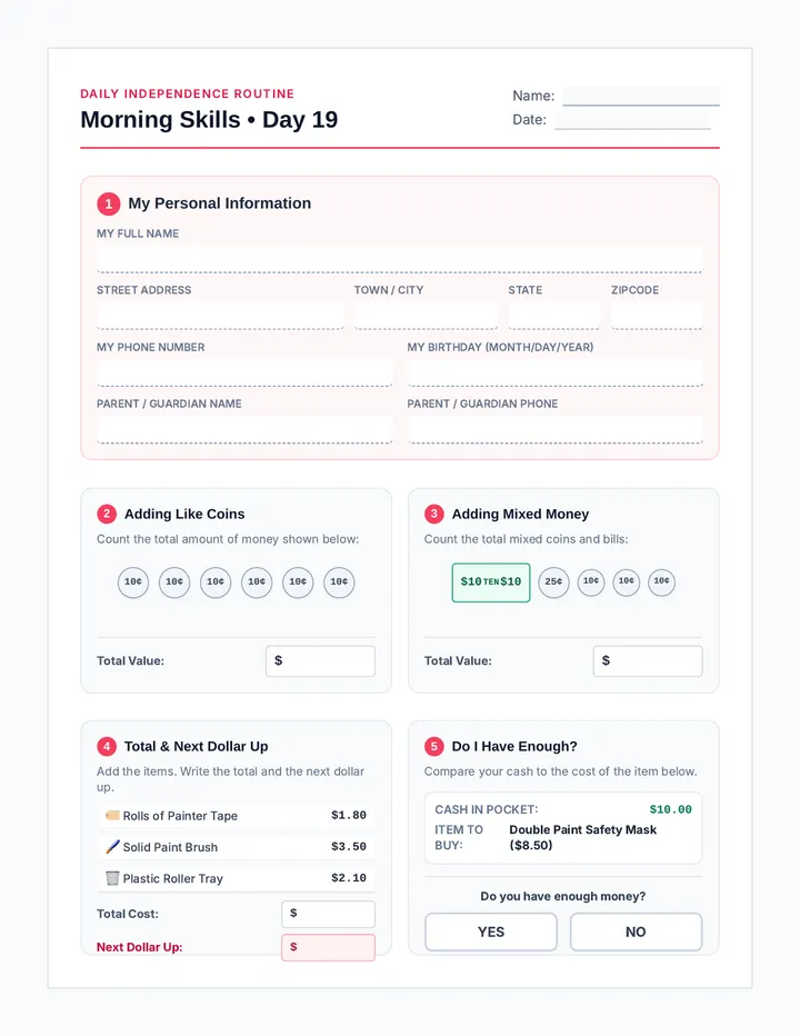Morning Skills Day 19 Worksheet