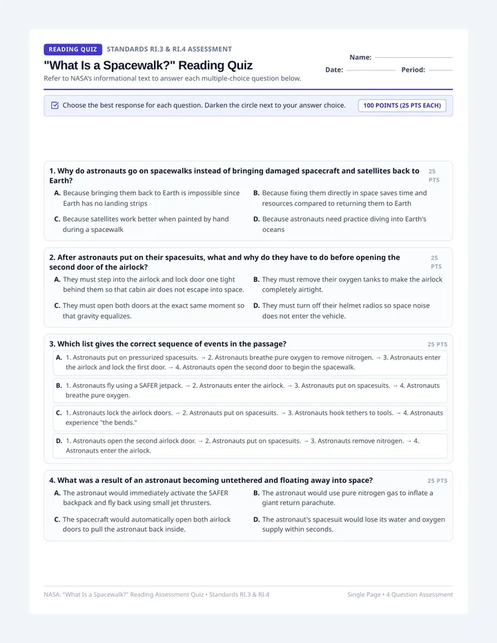 Spacewalk Reading Quiz