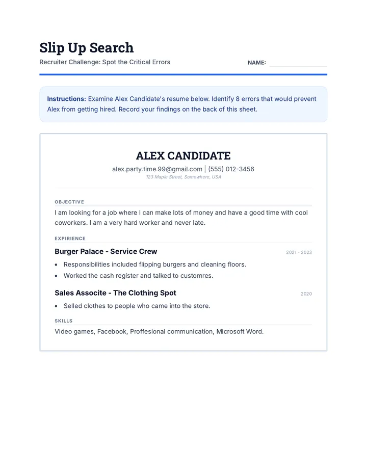 Slip Up Search Worksheet