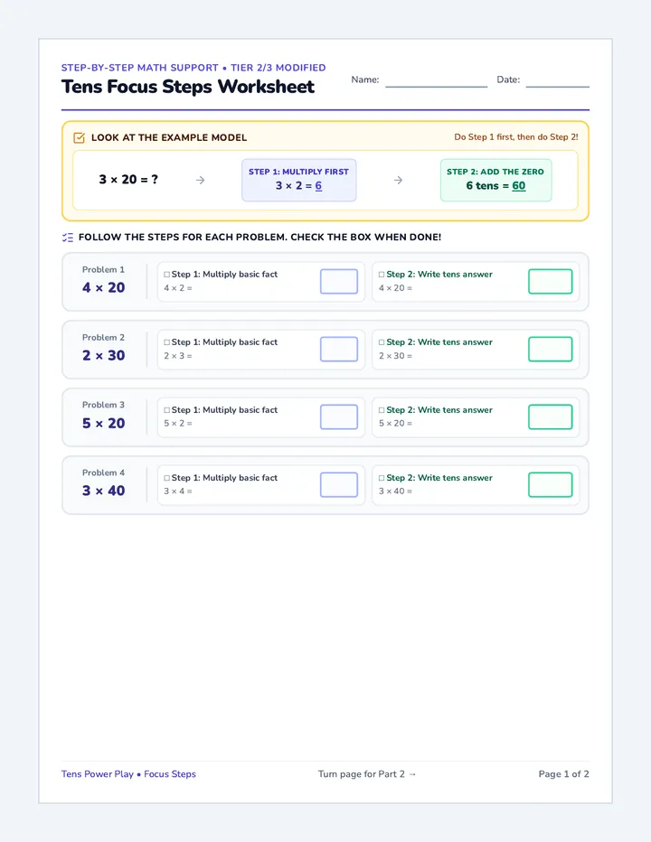 Tens Focus Steps Worksheet