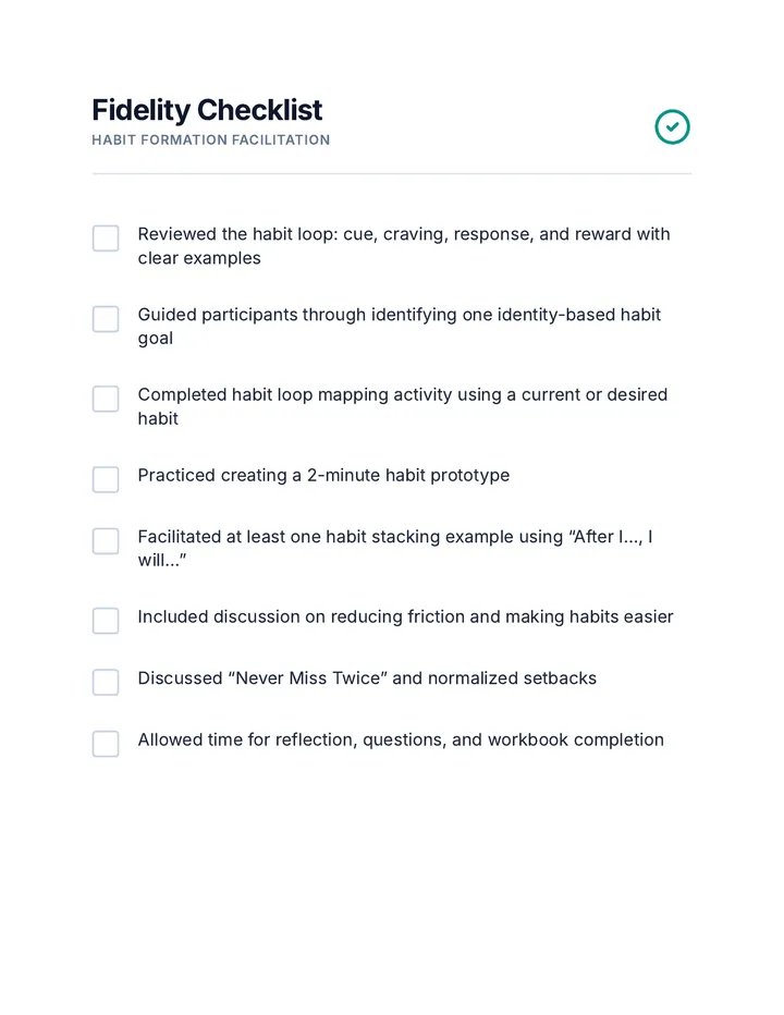 Fidelity Checklist Facilitator Sheet page 1
