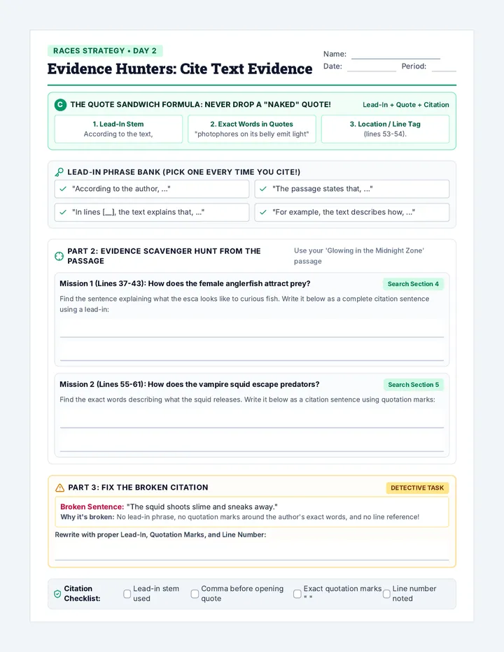 Cite Evidence Hunt Worksheet