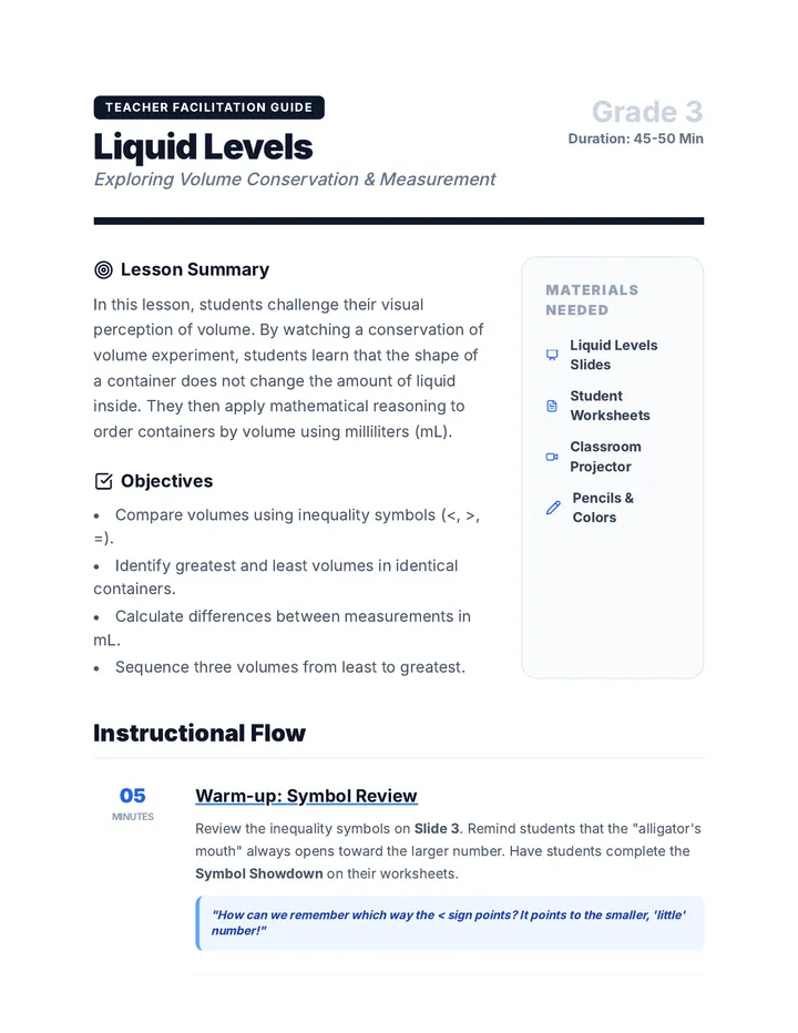 Liquid Levels Teacher Guide