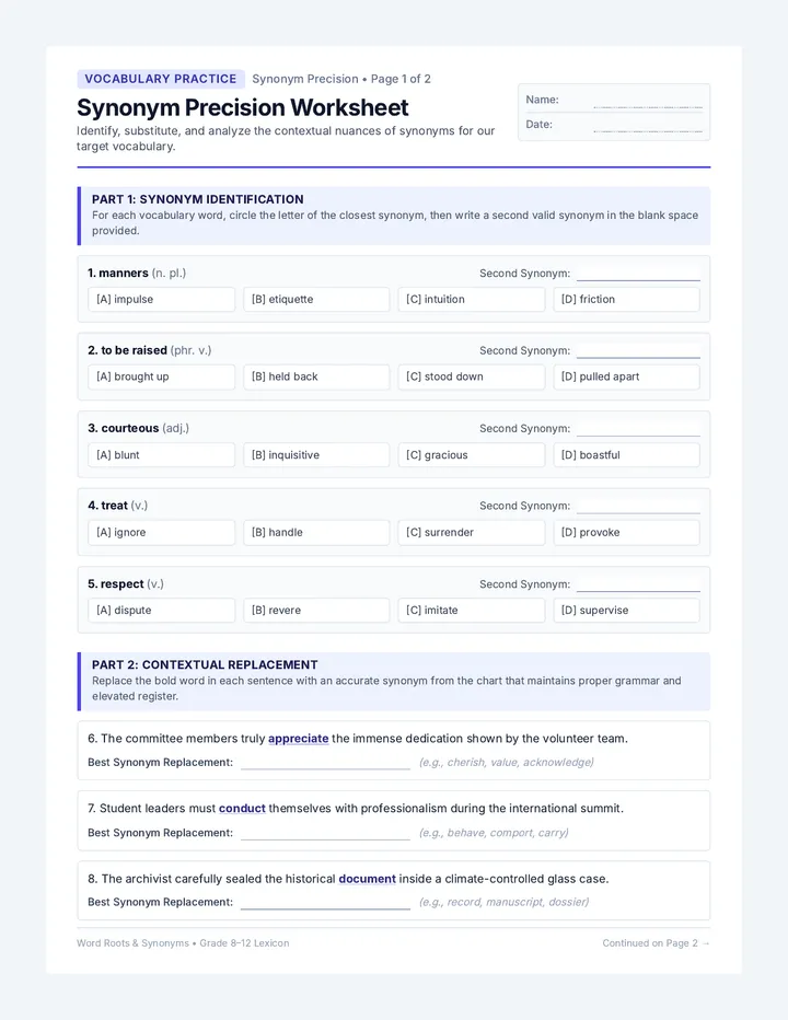 Synonym Precision Worksheet
