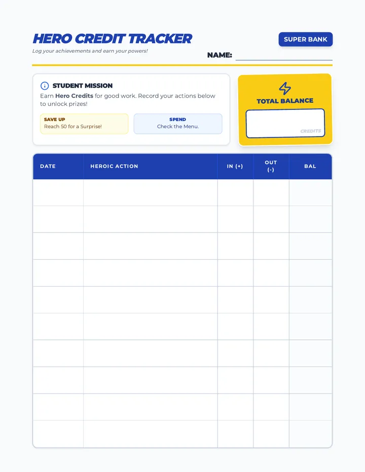 Hero Bank Tracker Worksheet