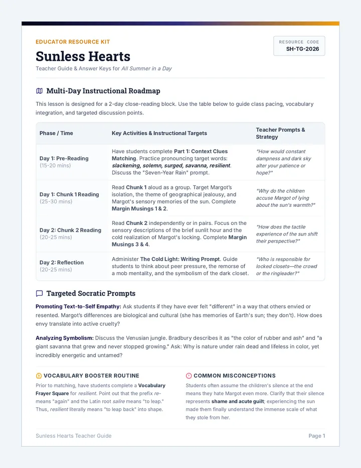 Sunless Hearts Teacher Guide