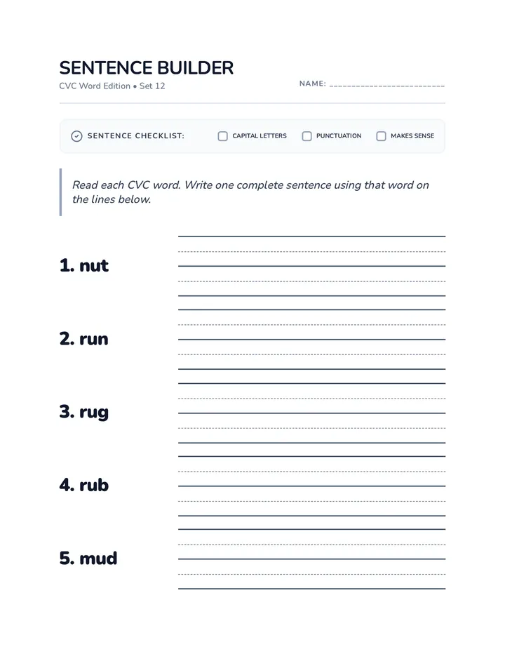 Sentence Builder Set 12 Worksheet