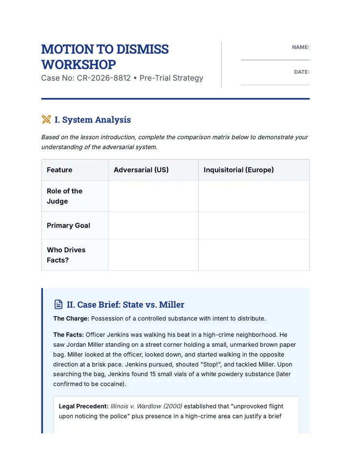 Motion to Dismiss Workshop Worksheet