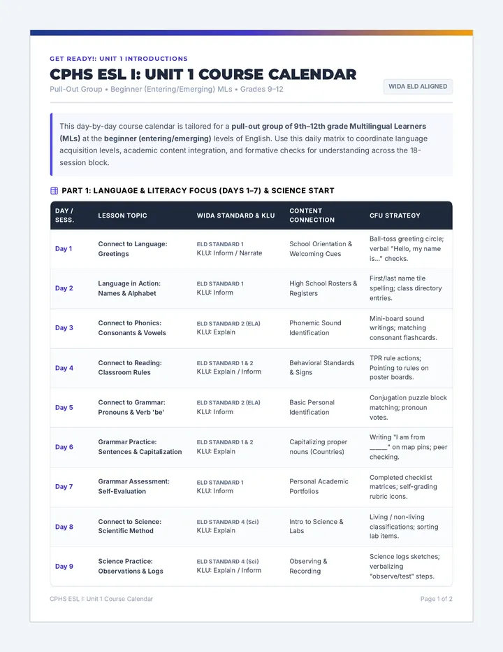 Unit 1 Course Calendar