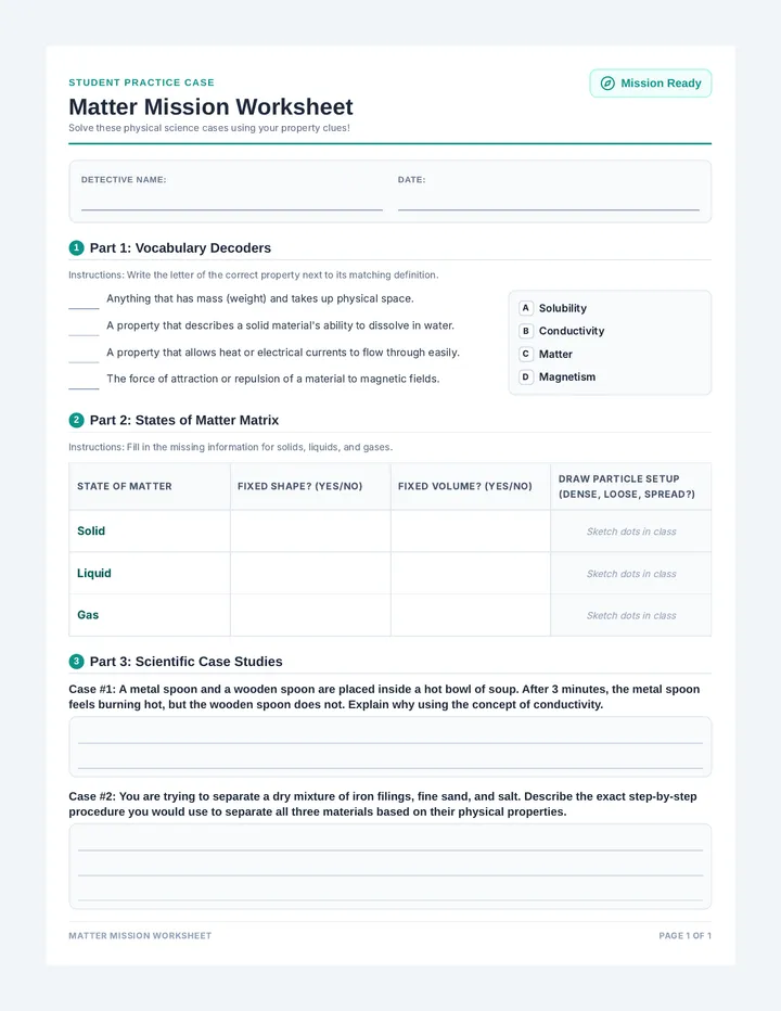 Matter Mission Worksheet