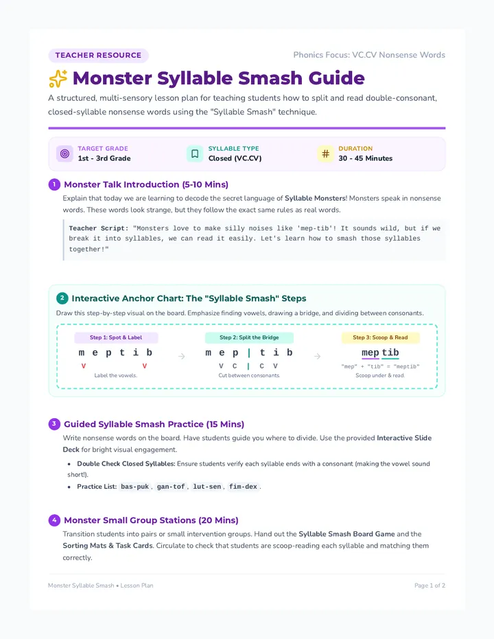 Monster Syllable Lesson Guide