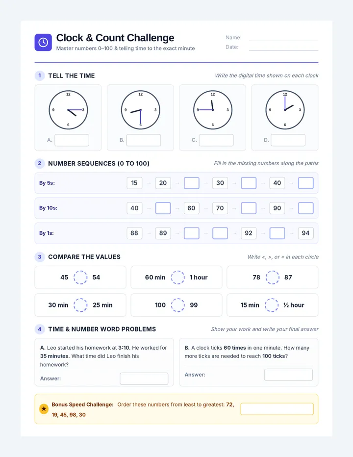 Clock and Count Practice Worksheet