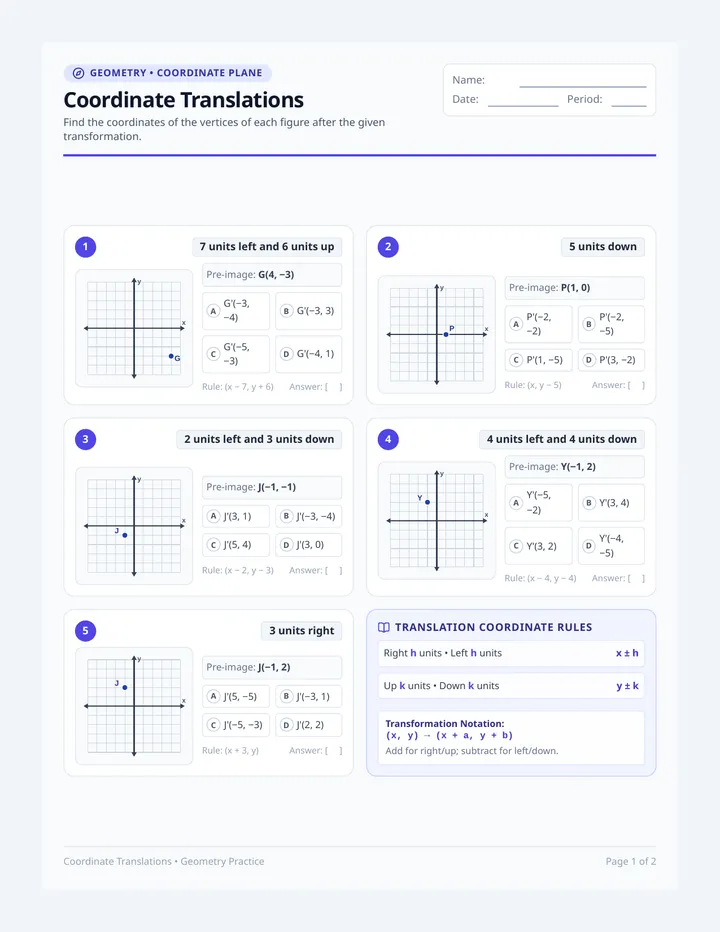 Coordinate Translations Worksheet