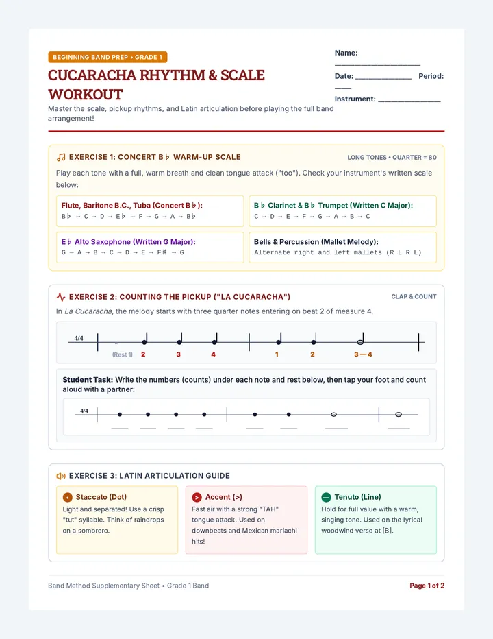 Cucaracha Warmup Worksheet