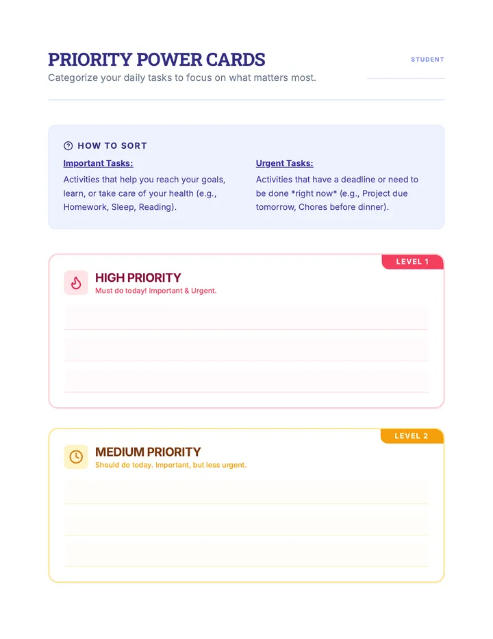 Priority Power Cards Worksheet
