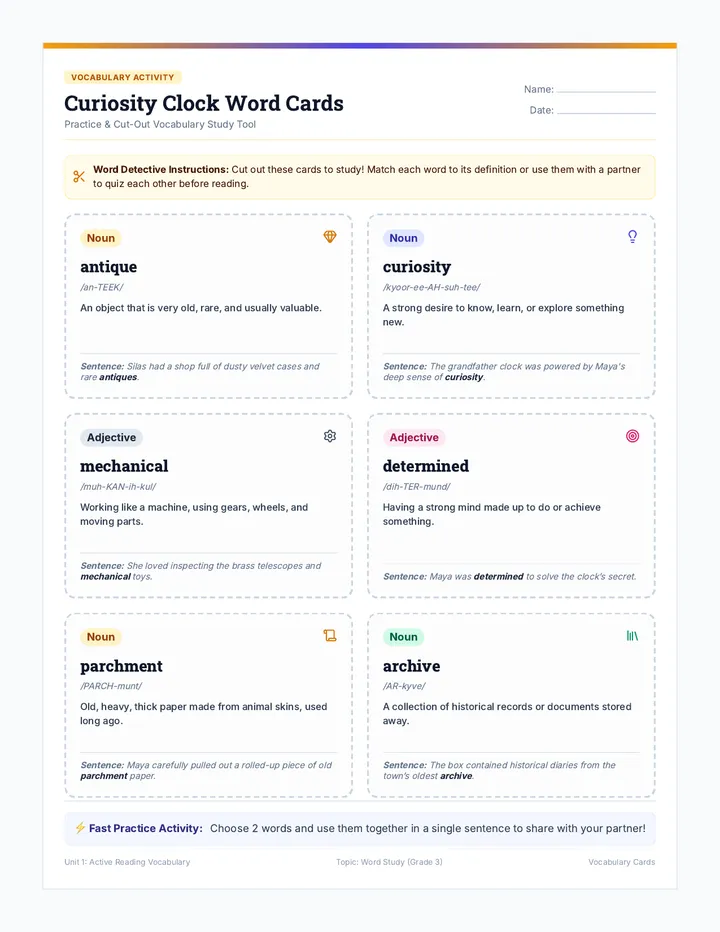 Curiosity Clock Vocab Cards