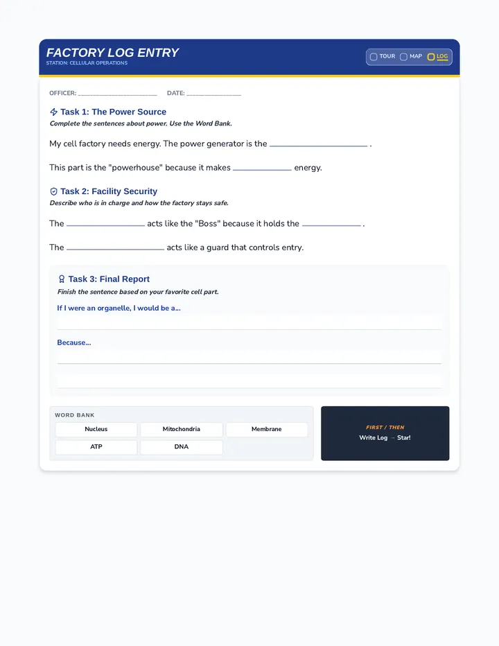 Factory Log Writing Worksheet