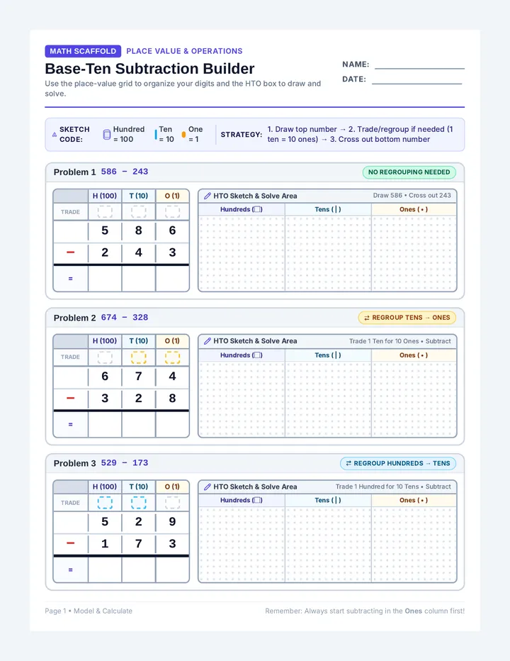 Base Ten Subtraction Worksheet
