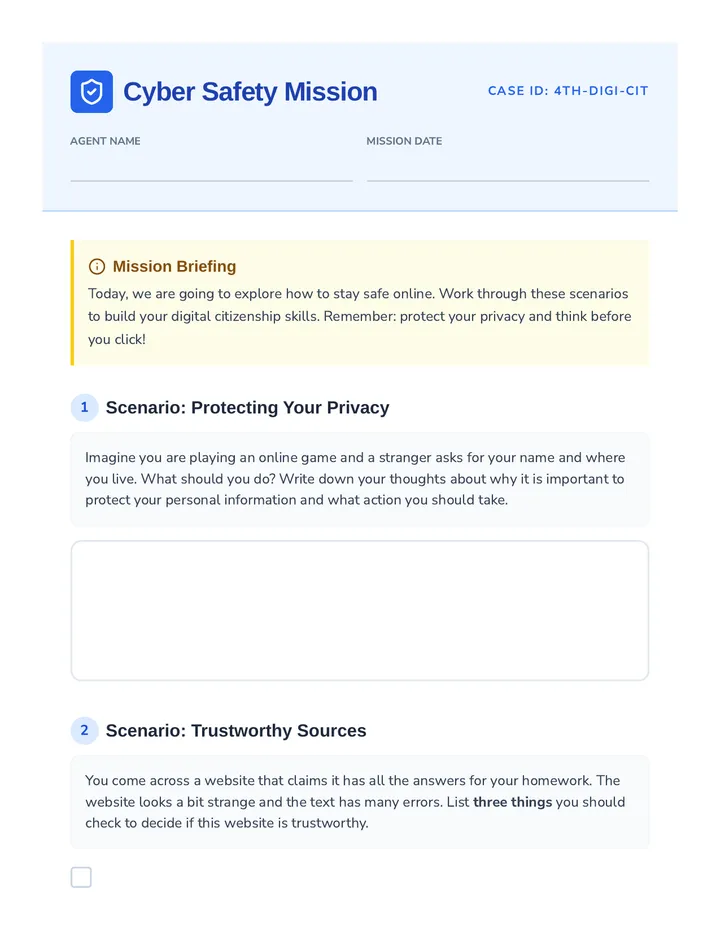 Online Safety Activity Worksheet